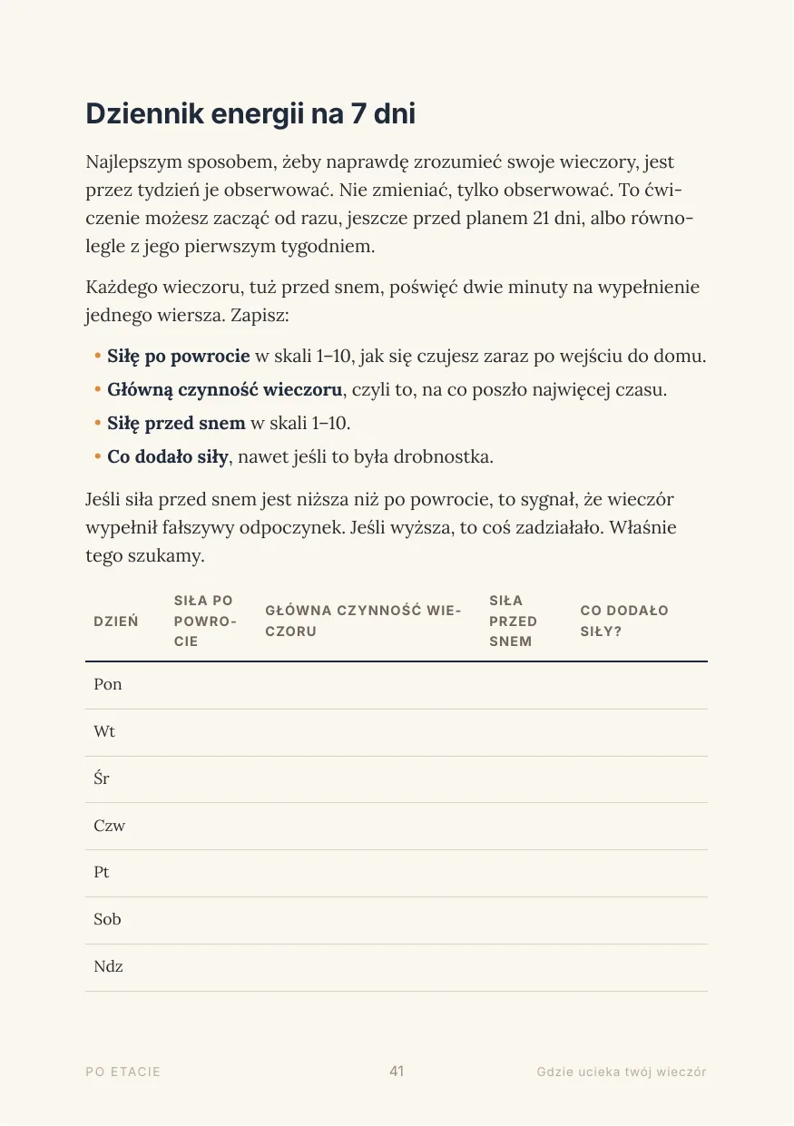 Strona z dziennikiem energii